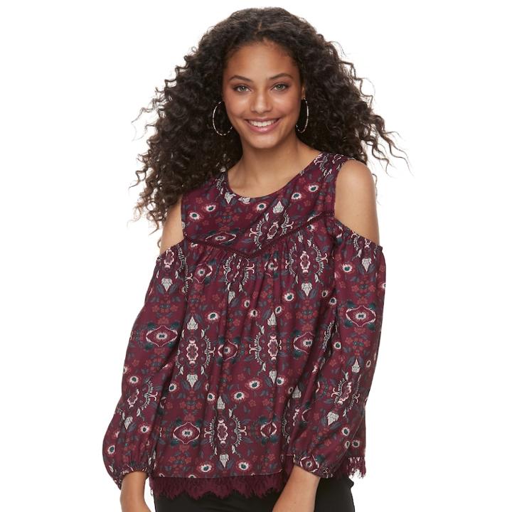 Juniors' Rewind Print Lace Hem Cold-shoulder Top, Teens, Size: Small, Med Red