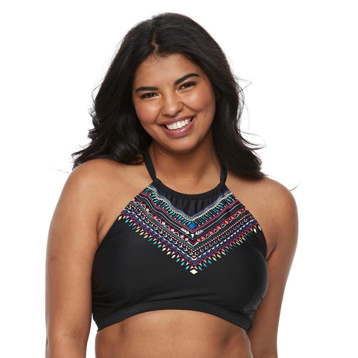 Plus Size Mix And Match Embroidered High-neck Bikini Top, Teens, Size: 2xl, Black