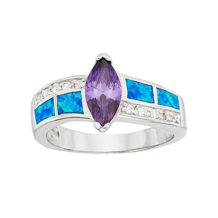 Cubic Zirconia & Lab-created Blue Opal Sterling Silver Marquise Ring, Women's, Size: 8, Multicolor