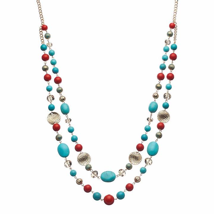 Beaded & Hammered Disc Long Swag Necklace, Women's, Multicolor