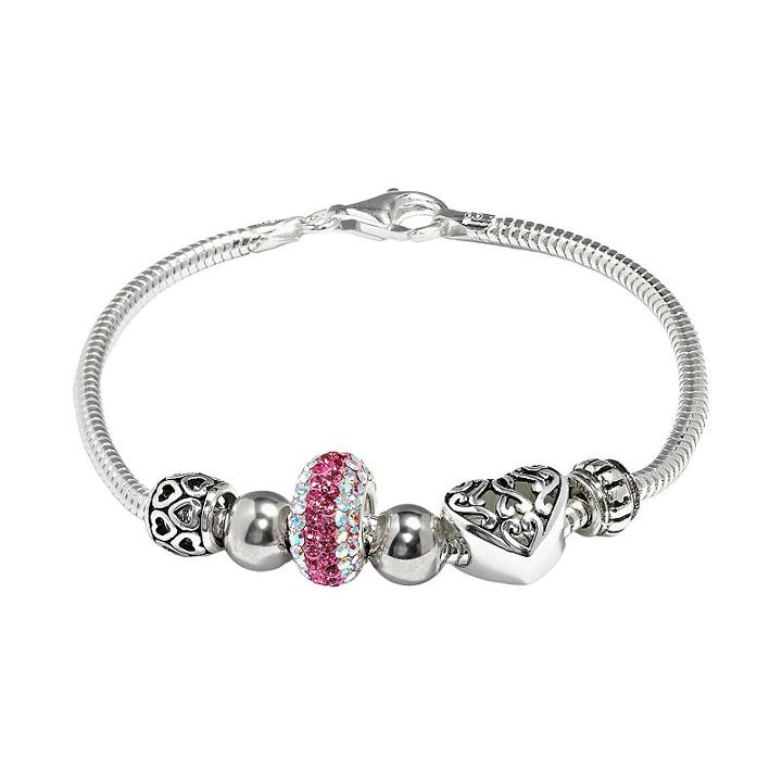 Individuality Beads Crystal Sterling Silver Snake Chain Bracelet & Openwork Heart Bead Set, Women's, Size: 7.5, Pink