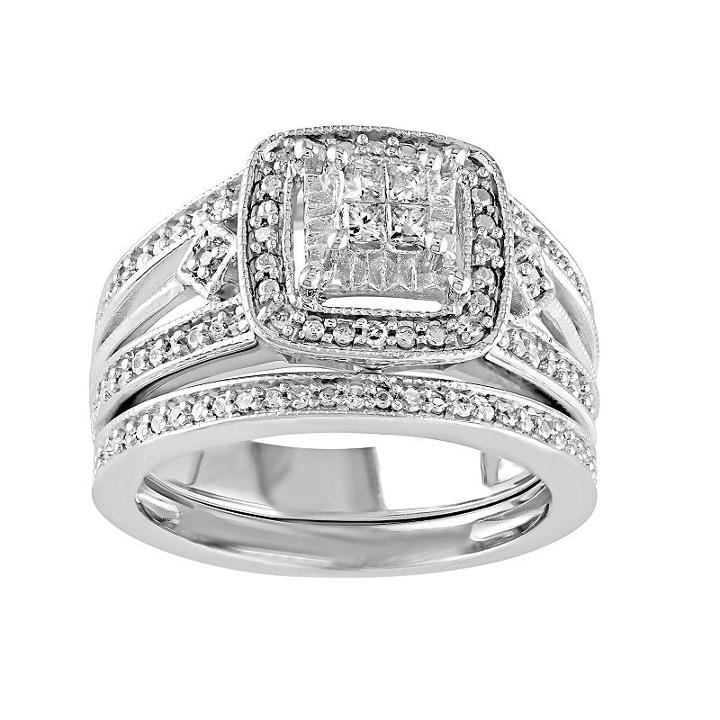 Diamond Halo Engagement Ring Set In Sterling Silver (1/4 Carat T.w.), Women's, Size: 5, White