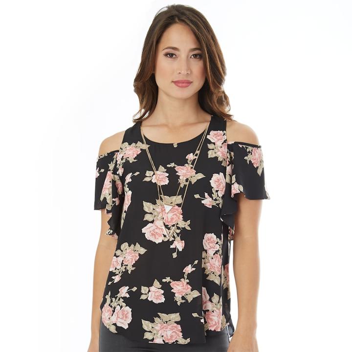 Juniors' Iz Byer Cold-shoulder Ruffle Top, Teens, Size: Small, Black Floral