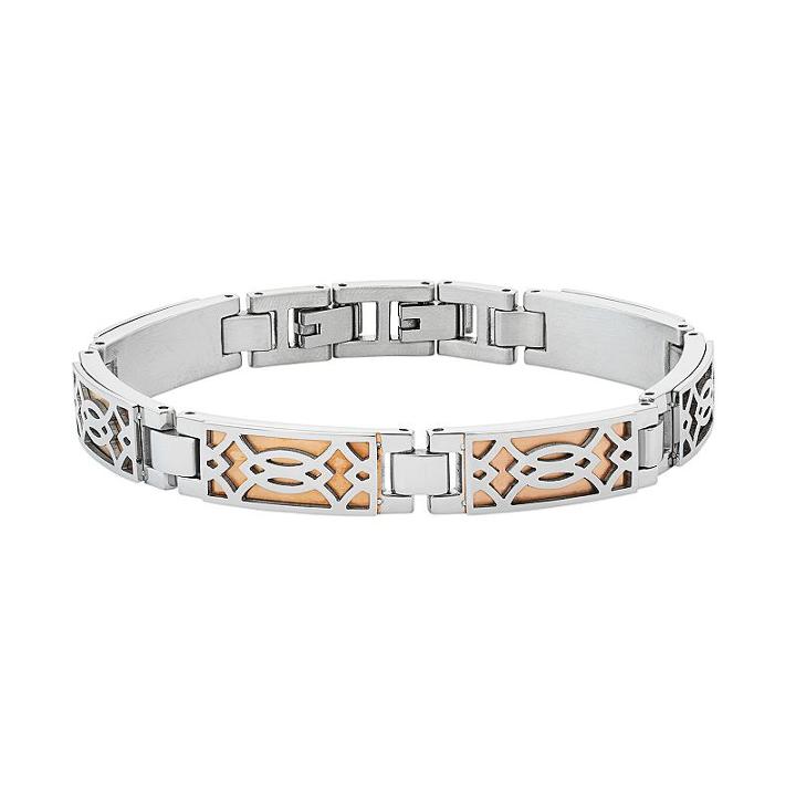 Men's Two Tone Stainless Steel Openwork Bracelet, Size: 8.5, Pink