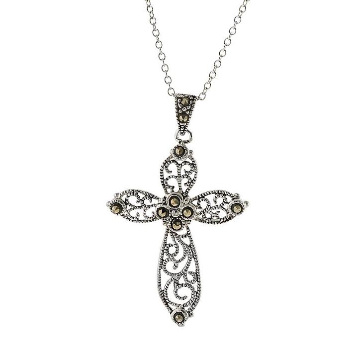 Silver Plated Marcasite Filigree Cross Pendant, Women's, Size: 18, Black