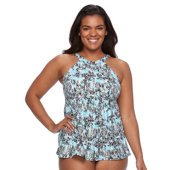 Plus Size Women's A Shore Fit Hip Minimizer Printed Tankini Top, Size: 18 W, Blue