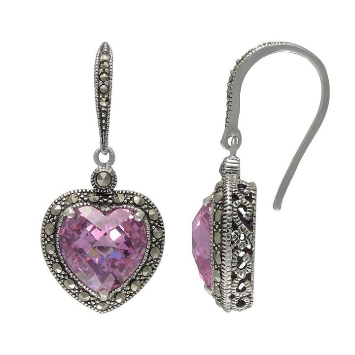 Lavish By Tjm Sterling Silver Pink Cubic Zirconia Heart Drop Earrings - Made With Swarovski Marcasite, Women's