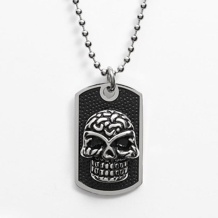 Stainless Steel And Black Immersion-plated Stainless Steel Skull Dog Tag - Men, Size: 24, Grey