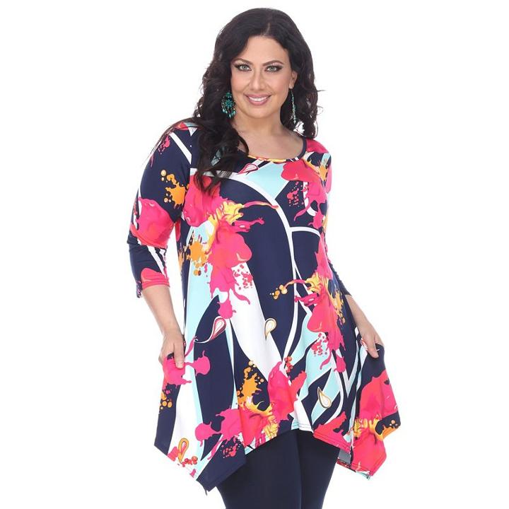 Plus Size White Mark Scroll Shark-bite Tunic, Women's, Size: 2xl, Blue (navy)