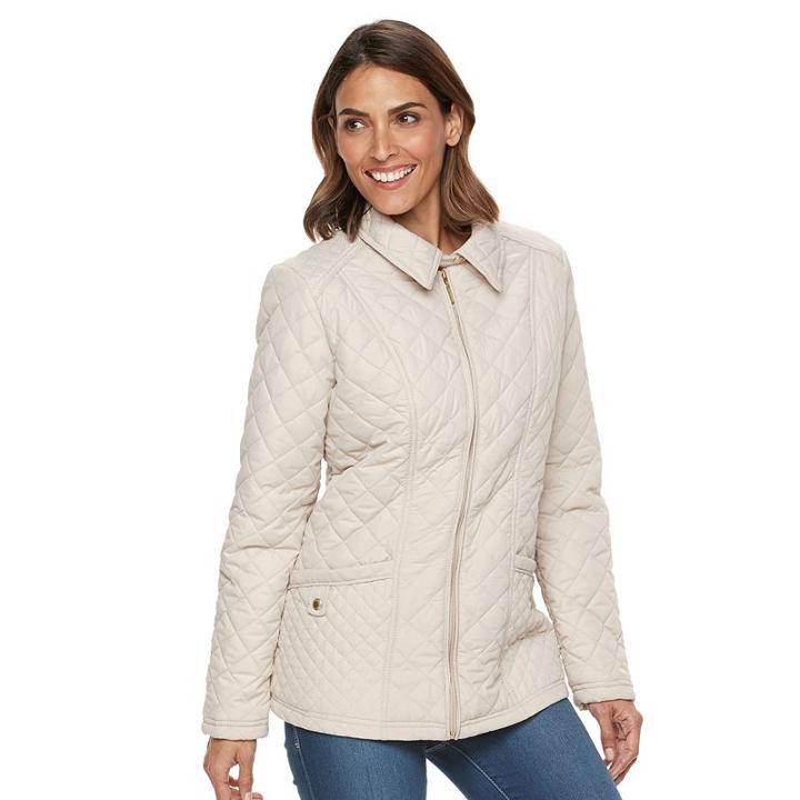 Women's Weathercast Zip-front Quilted Jacket, Size: Medium, Beig/green (beig/khaki)