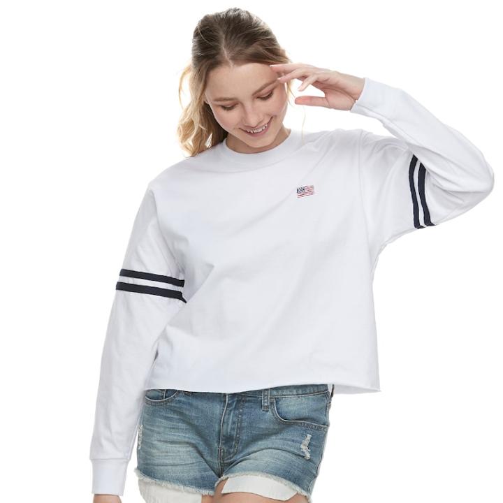 Juniors' Usa Flag Striped Crop Tee, Teens, Size: Medium, White