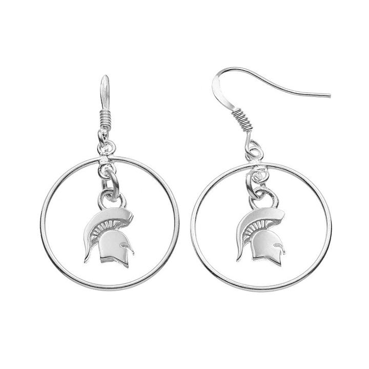 Dayna U Michigan State Spartans Sterling Silver Logo Charm Hoop Drop Earrings, Women's, Grey