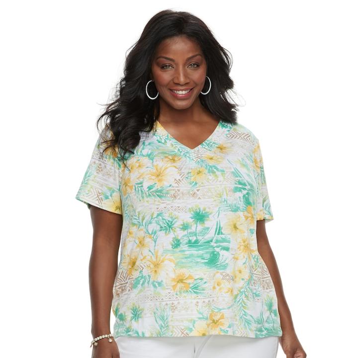Plus Size Alfred Dunner Studio Floral Top, Women's, Size: 2xl, Green Yellow Tropical