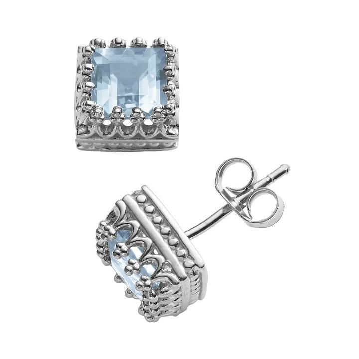 Sterling Silver Lab-created Aquamarine Crown Stud Earrings, Women's, Blue