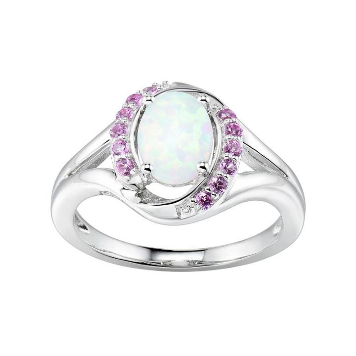 Sterling Silver Lab-created White Opal & Pink Sapphire Halo Ring, Women's, Size: 5