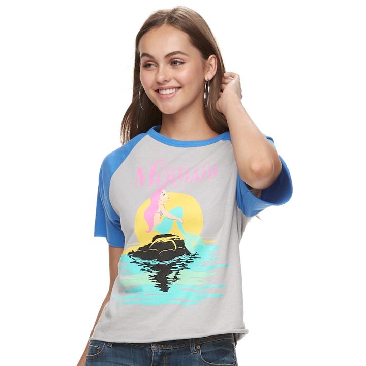Disney's The Little Mermaid Juniors' Ariel Raglan Crop Tee, Teens, Size: Xl, Grey