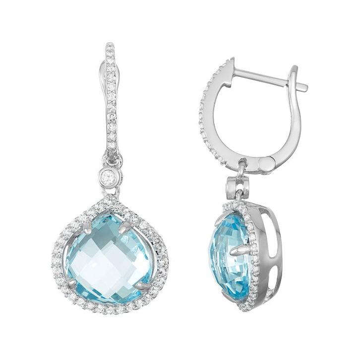 Sterling Silver Blue & White Topaz Halo Hoop Drop Earrings, Women's