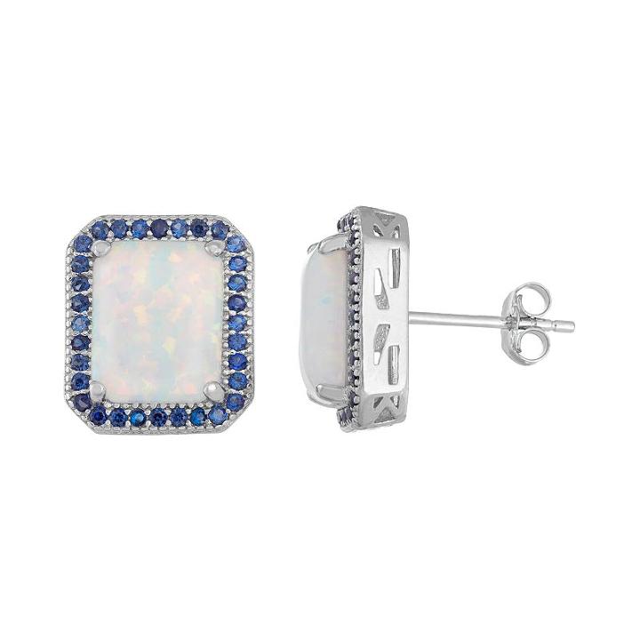 Sterling Silver Lab-created Opal & Blue Sapphire Sapphire Octagon Stud Earrings, Women's, White