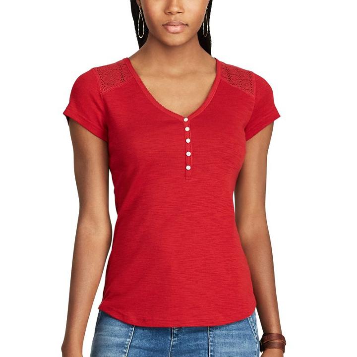 Petite Chaps Lace Yoke Henley, Women's, Size: M Petite, Red