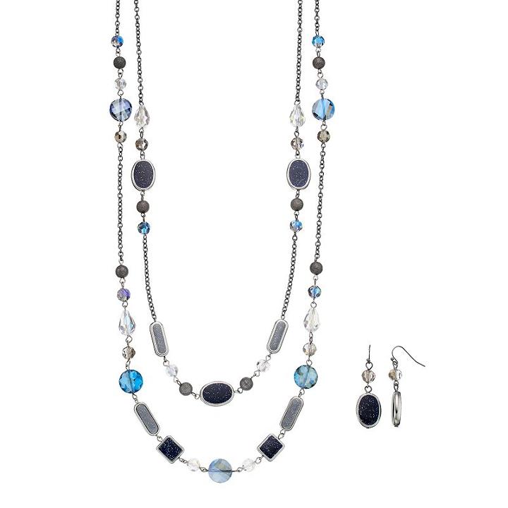 Long Blue Beaded Double Strand Necklace & Drop Earring Set, Women's