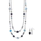 Long Blue Beaded Double Strand Necklace & Drop Earring Set, Women's