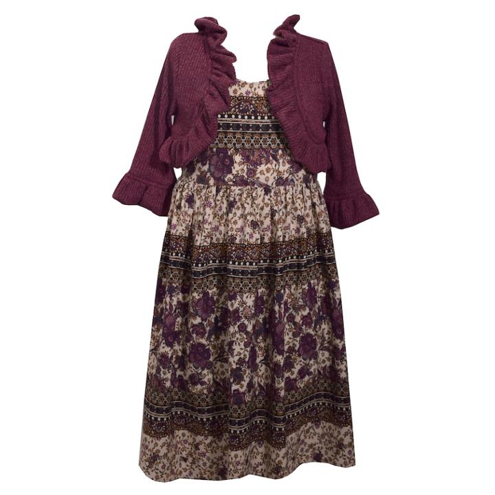 Girls 7-16 Bonnie Jean Floral Dress & Ruffled Cardigan Set, Size: 12, Dark Red