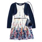Girls 7-16 & Plus Size Knitworks Shrug & Floral Textured Skater Dress Set With Purse, Size: 12, Blue (navy)