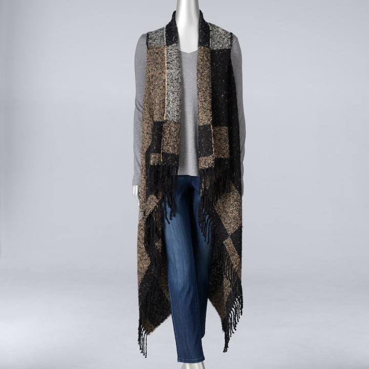 Simply Vera Vera Wang Brushed Colorblock Fringed Long Vest, Women's, Black