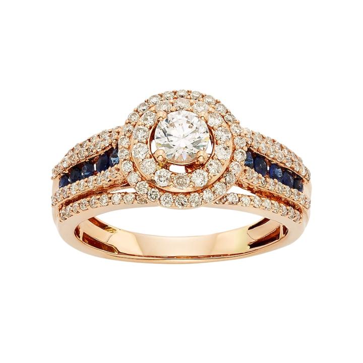 Igl Certified Diamond And Blue Sapphire Tiered Halo Engagement Ring In 14k Rose Gold (1 Carat T.w.), Women's, Size: 6, White