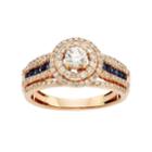 Igl Certified Diamond And Blue Sapphire Tiered Halo Engagement Ring In 14k Rose Gold (1 Carat T.w.), Women's, Size: 6, White