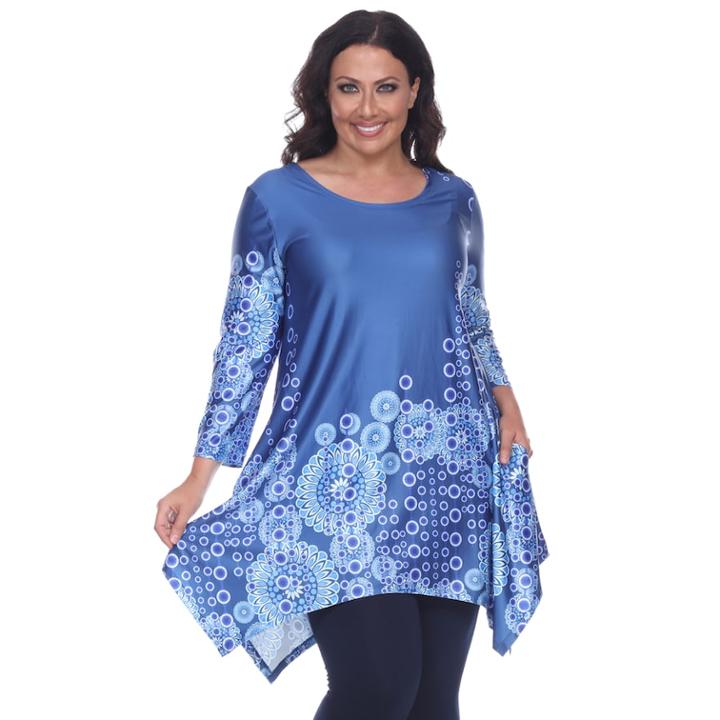 Plus Size White Mark Scroll Shark-bite Tunic, Women's, Size: 2xl, Blue Other