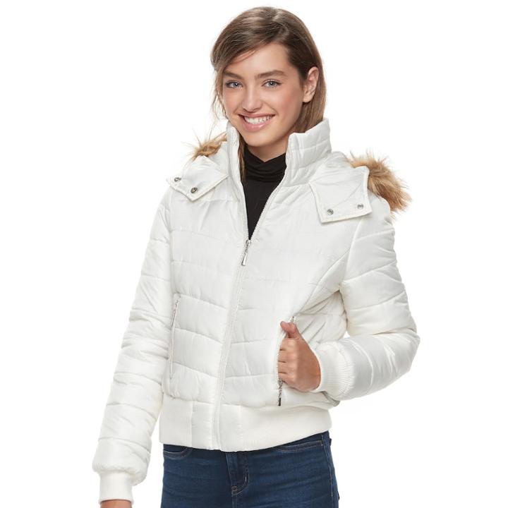 Juniors' J-2 Hooded Puffer Bomber Jacket, Teens, Size: Large, Natural