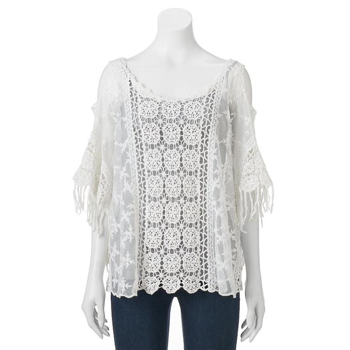 Mudd® Crocheted Lace Cold Shoulder Poncho, Women's, Natural