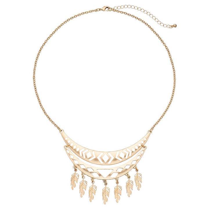 Feather Cutout Curved Bar Necklace, Women's, Gold