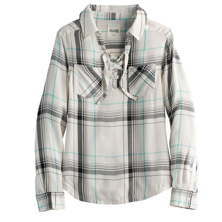 Girls 7-16 & Plus Size Mudd&reg; Lace-up Plaid Popover Top, Size: 18 1/2, White Oth