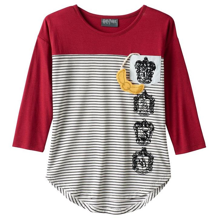 Girls 7-16 Harry Potter Pocket Snitch & Hogwarts House Symbol Striped Tee, Girl's, Size: Medium, Red Other
