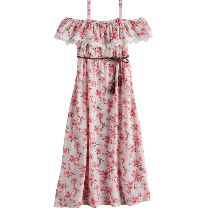 Girls 7-16 Lavender Belted Floral Print Maxi Dress, Size: 10, White