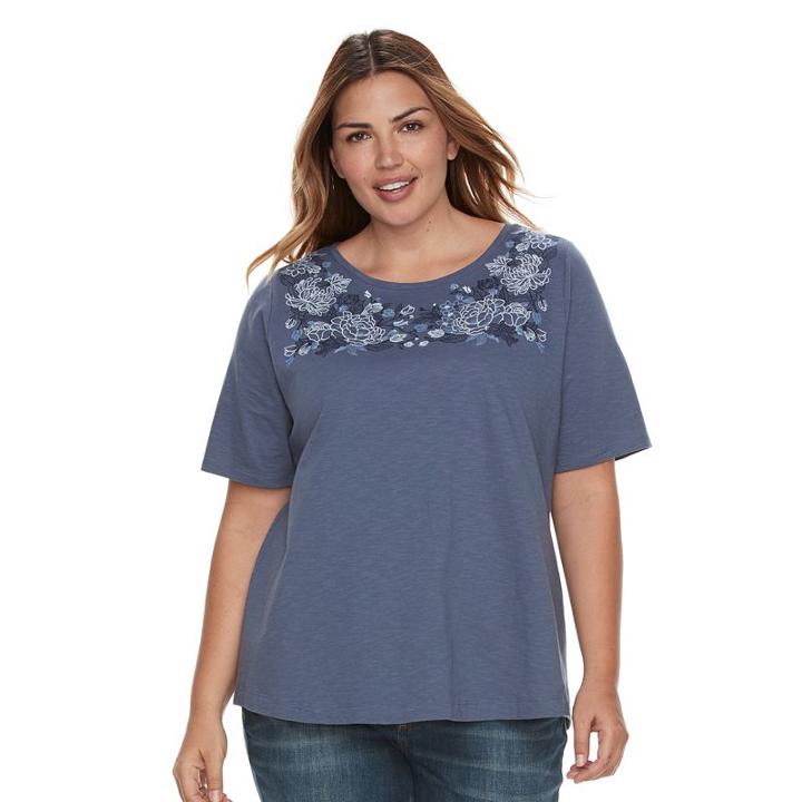 Plus Size Croft & Barrow&reg; Embroidered Scoopneck Tee, Women's, Size: 2xl, Dark Blue