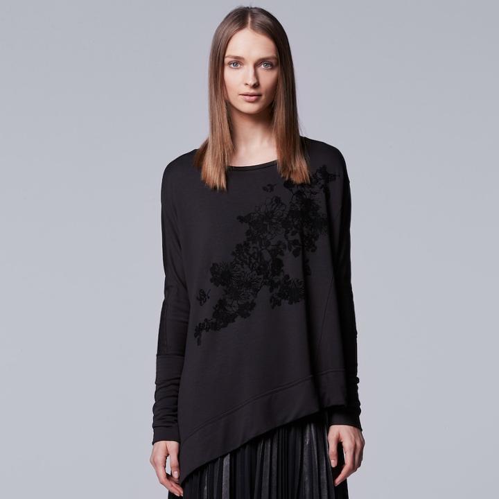 Women's Simply Vera Vera Wang Asymmetrical Flocked Sweatshirt, Size: Large, Black