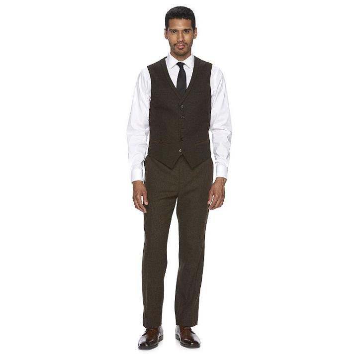 Men's Wd. Ny Slim-fit Brown Shawl-collar Tweed Wool-blend Suit Vest, Size: Large, Med Brown