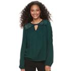 Juniors' Rewind Lace Yoke Keyhole Top, Teens, Size: Large, Med Green