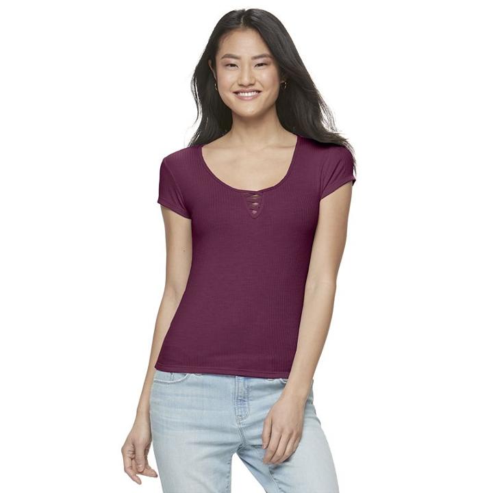 Juniors' So&reg; Ribbed Lace-up Tee, Girl's, Size: Xl, Dark Pink