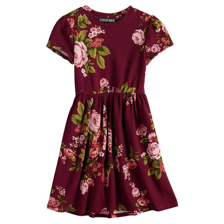 Girls 7-16 Three Pink Hearts Floral Short Sleeve Dress, Size: Small, Med Red