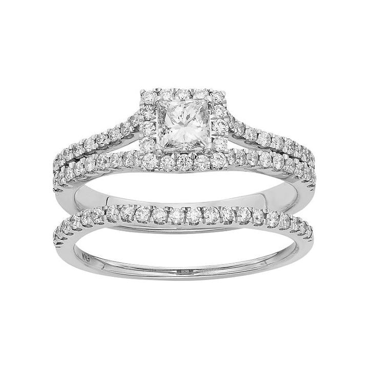 Igl Certified Diamond Square Halo Engagement Ring Set In 14k Gold (1 Carat T.w.), Women's, Size: 9.50, White