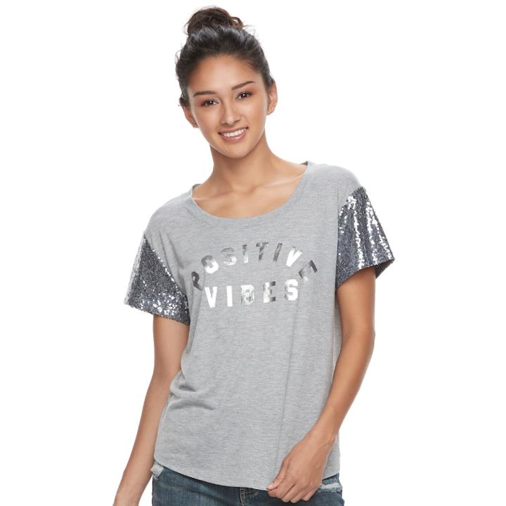 Juniors' Fifth Sun Positive Vibes Sequin Sleeve Graphic Tee, Teens, Size: Large, Grey