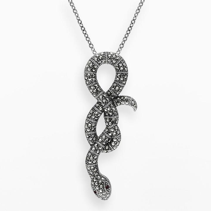 Lavish By Tjm Sterling Silver Garnet Snake Pendant - Made With Swarovski Marcasite, Women's, Size: 18, Red