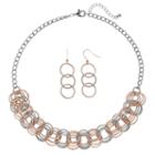 Two Tone Textured Interlocking Circle Necklace & Drop Earring Set, Women's, Multicolor