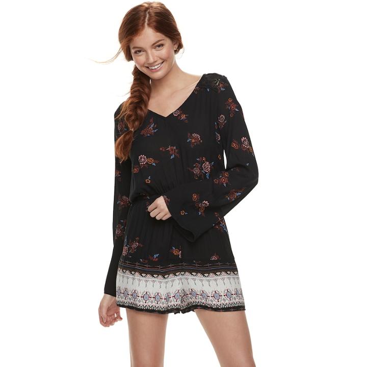 Juniors' Mudd&reg; Printed Bell-sleeve Romper, Teens, Size: Medium, Black