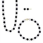 14k Gold Freshwater Cultured Pearl And Onyx Necklace Bracelet And Stud Earring Set, Women's, Yellow