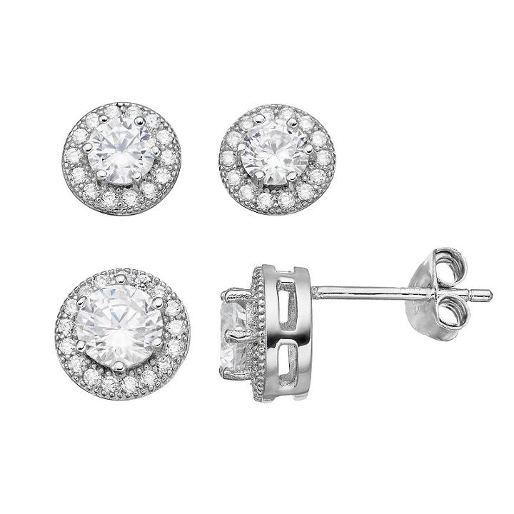 Primrose Sterling Silver Cubic Zirconia Halo Stud Earring Set, Women's, Grey